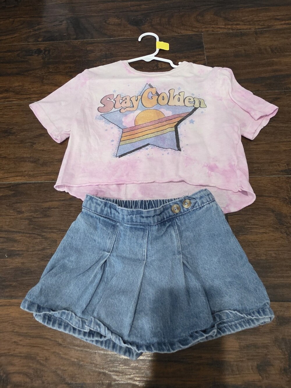 Rowdy Sprout Pink Tie-Dye 'Stay Golden' Graphic Tee & Blue Denim Skort Set
